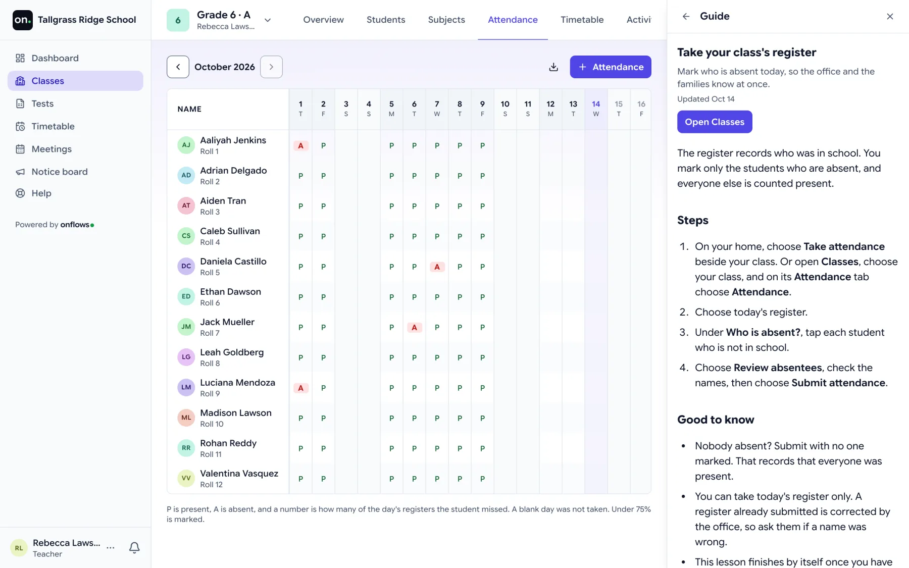 A teacher's class page with the Help panel open beside it: the page narrows rather than being covered, and the panel shows the guide for taking the class register: what it is for, a button that opens Classes, and its steps.