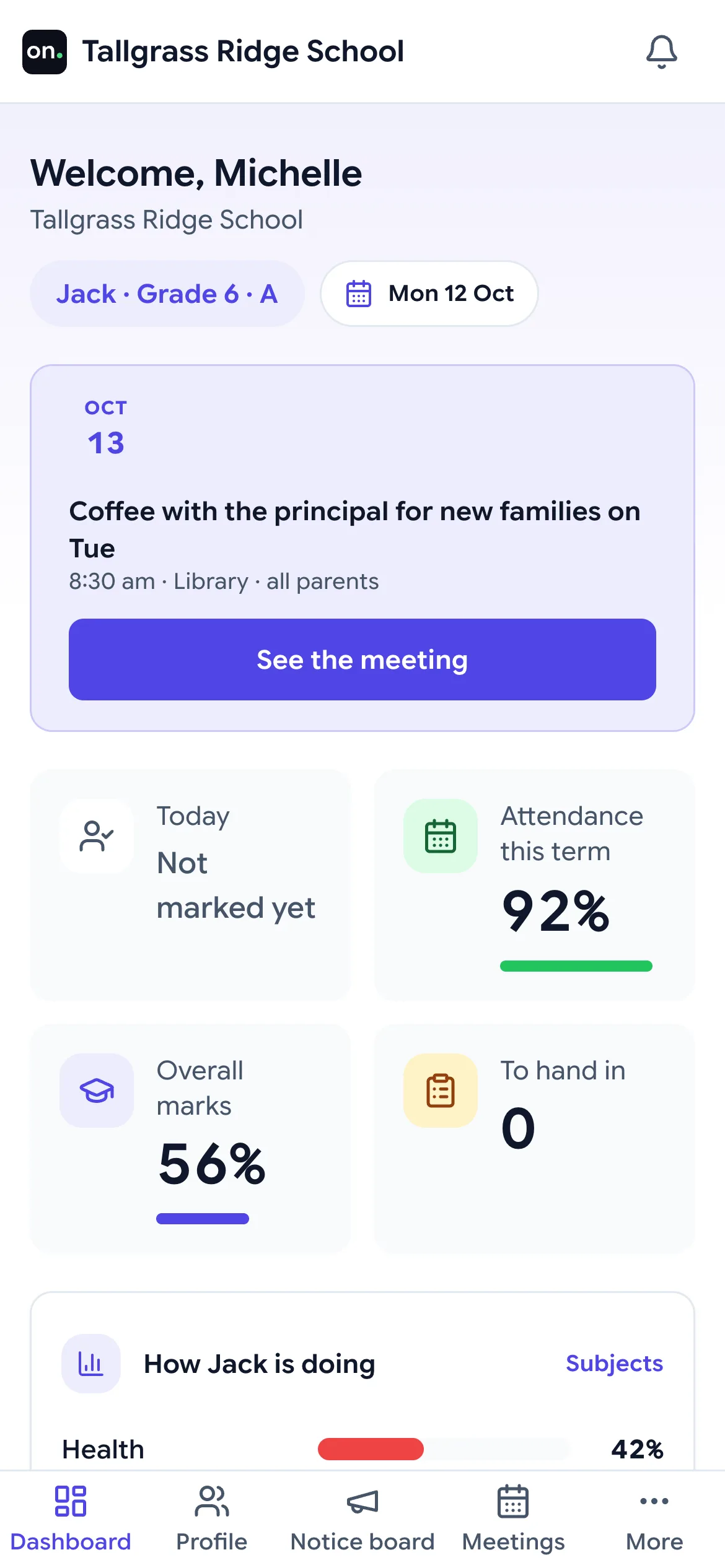 A parent's home on a phone: the child's attendance today and this term, overall marks, work to hand in, the next meeting, and how the child is doing by subject. One login for the whole family.