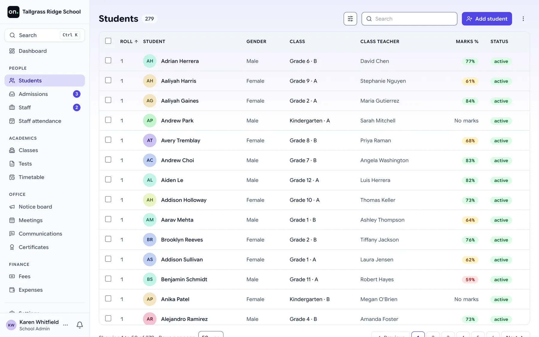 The students register: each student's name, class and section, admission number and status, with search and filters above and a row selected for a message to its family.