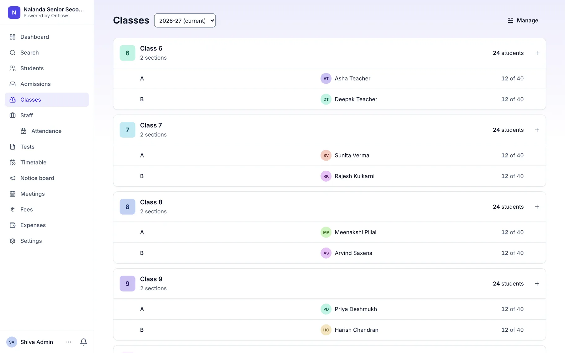 The class list for a school, showing every class from 6 to 12 with its sections, class teacher and strength.