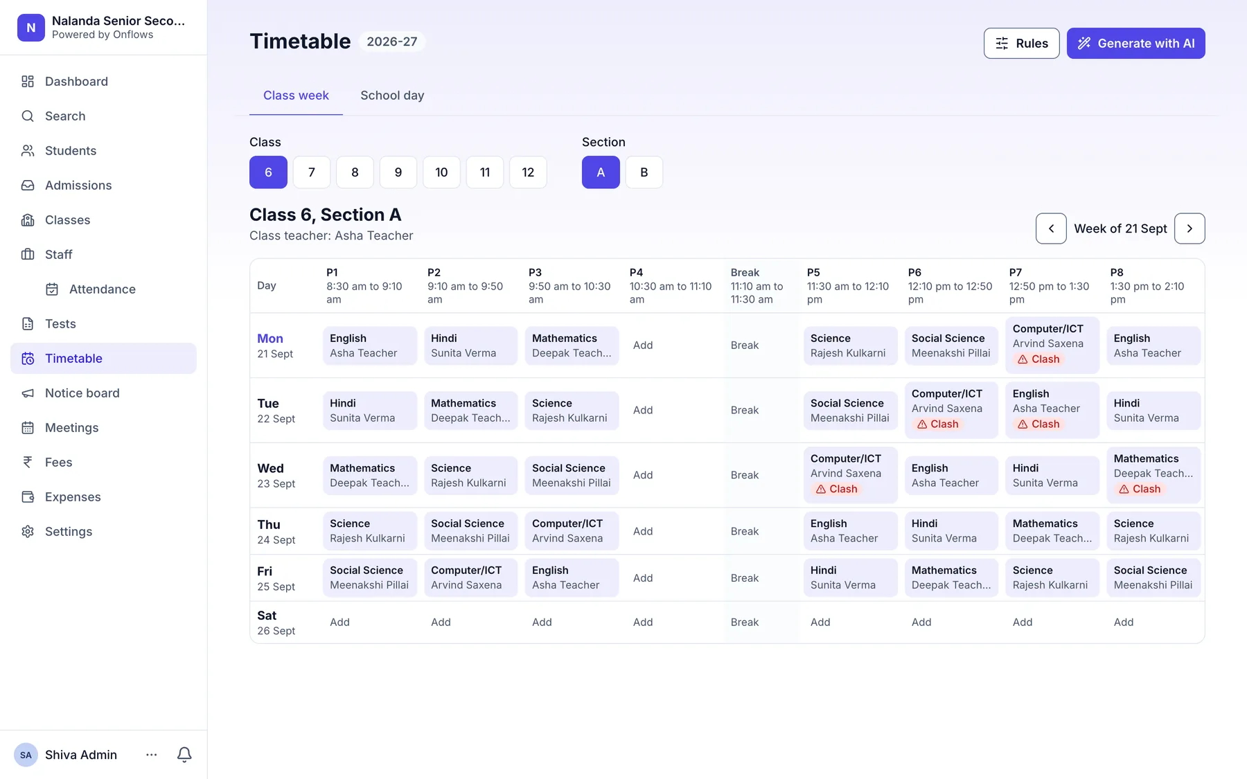 A weekly timetable grid for one class, each period showing its subject and teacher, with clashes flagged.